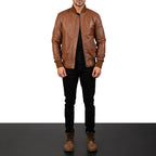 Brown leather bomber jacket full body styling with jeans