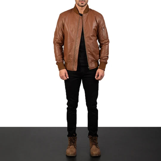Brown leather bomber jacket full body styling with jeans