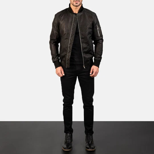 Bomia Ma-1 distressed black leather jacket full body styling with jeans