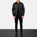 Bomia Ma-1 distressed black leather jacket full body styling with jeans