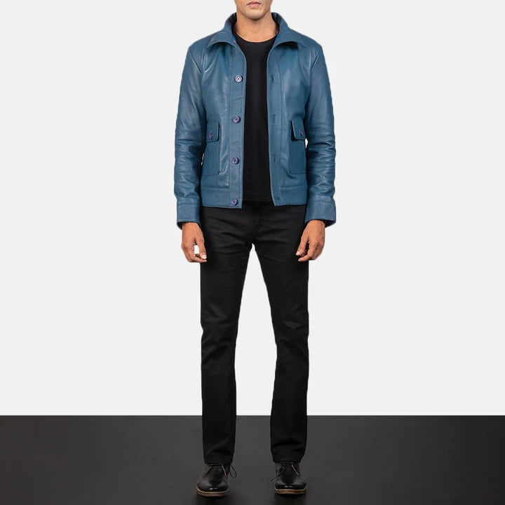 Columbus blue leather bomber jacket full body styling with pants