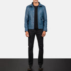 Columbus blue leather bomber jacket full body styling with pants