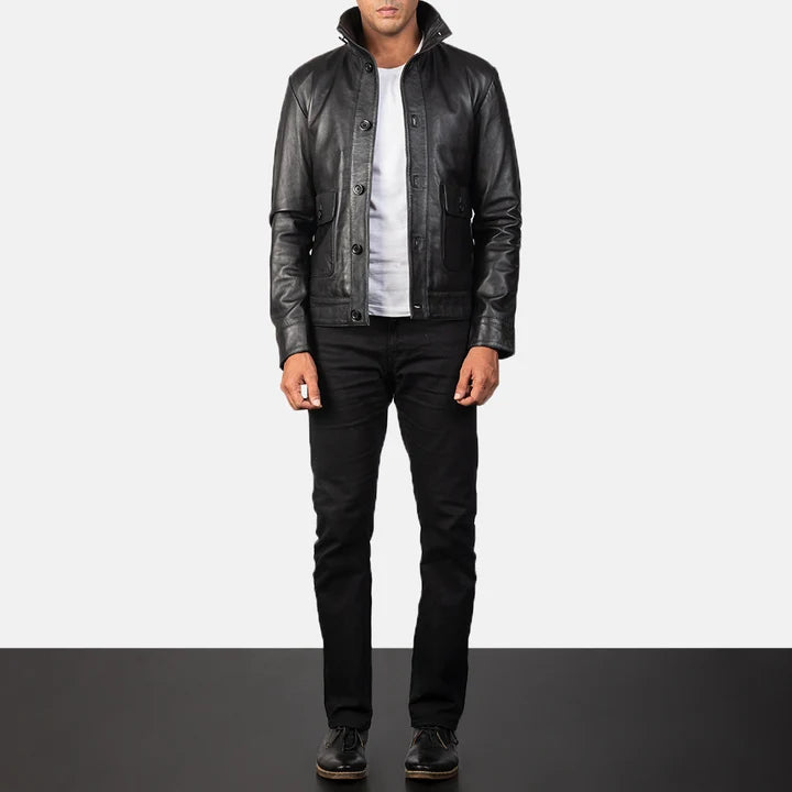 Columbus black leather bomber jacket full body styling with pants
