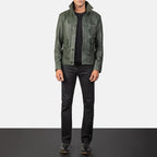 Columbus green leather bomber jacket full body styling with pants