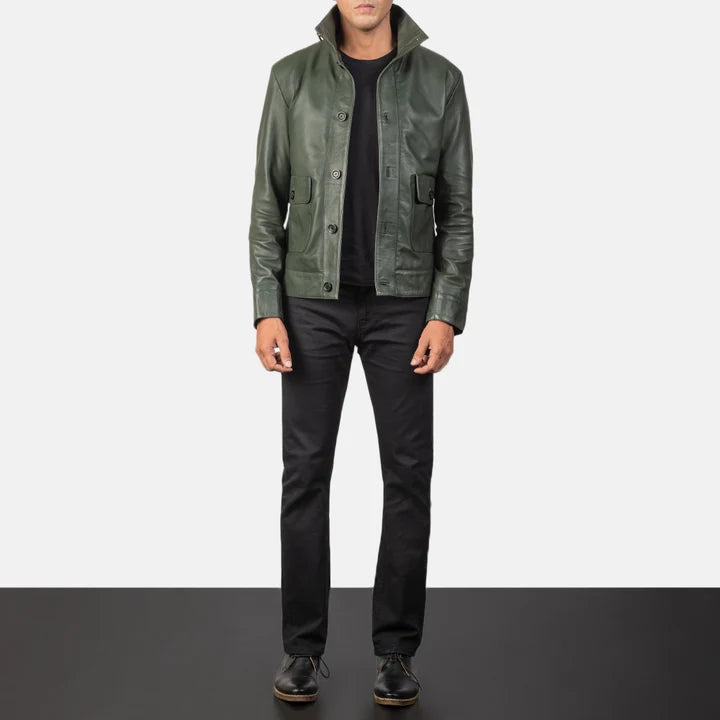 Columbus green leather bomber jacket full body styling with pants