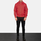 red hooded bomber jacket full body styling with jeans