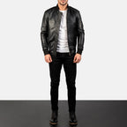 Black leather bomber jacket full body view