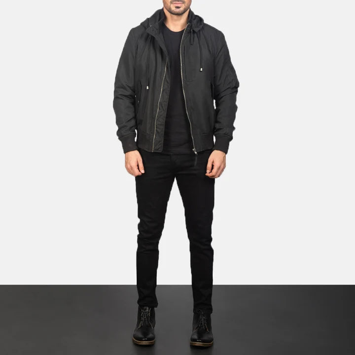 Hanklin black hooded bomber jacket full body styling with jeans
