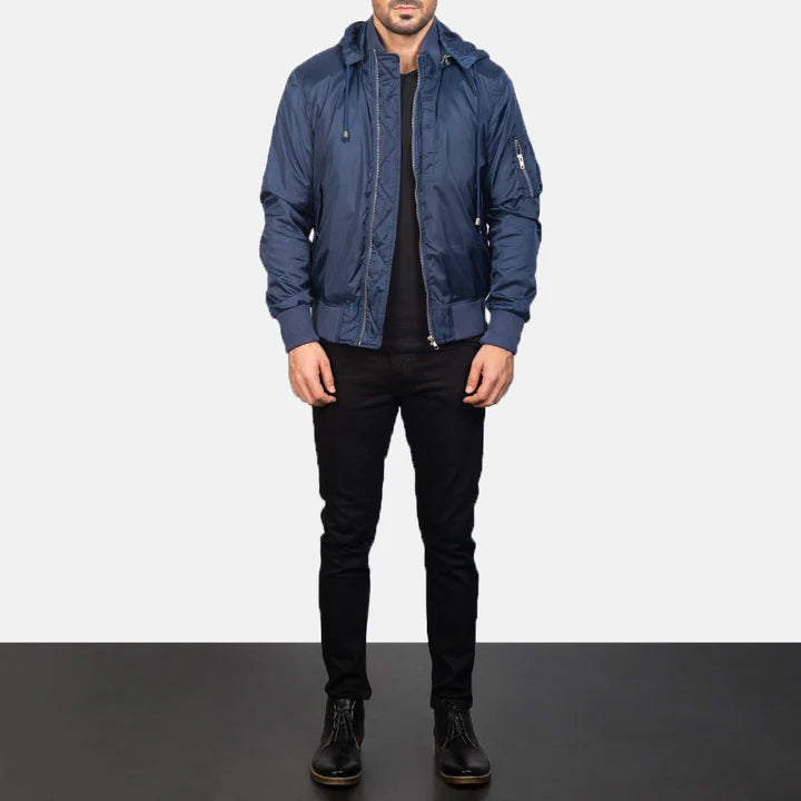 Hanklin Ma-1 blue hooded bomber jacket full body styling with jeans