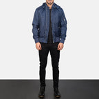 Hanklin Ma-1 blue hooded bomber jacket full body styling with jeans