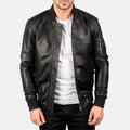 Black leather bomber jacket front view