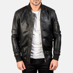 Black leather bomber jacket front view