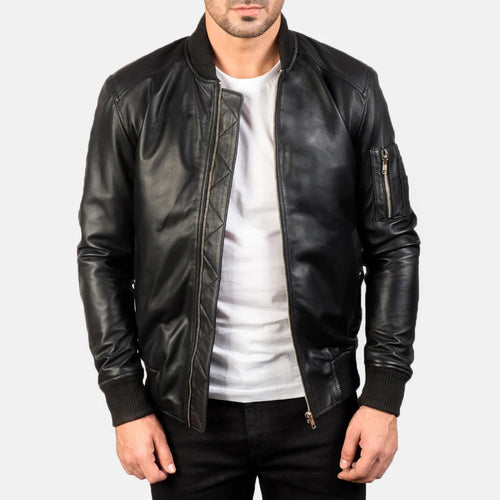 Black leather bomber jacket front view