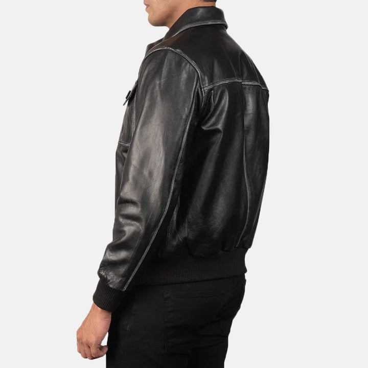 Aaron black leather bomber jacket back view