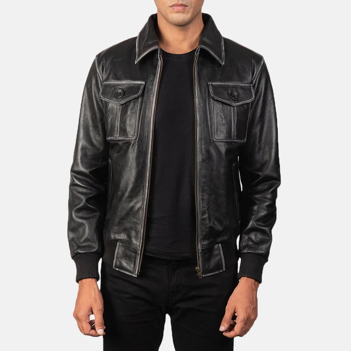 Aaron black leather bomber jacket front view on model