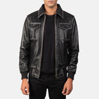 Aaron black leather bomber jacket front view on model