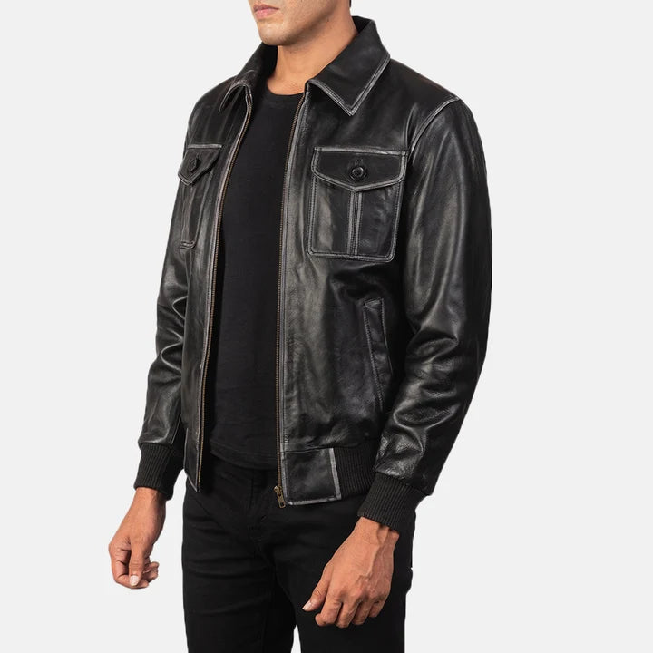 Aaron black leather bomber jacket side view
