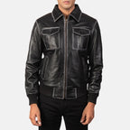 Aaron black leather bomber jacket close-up front detail
