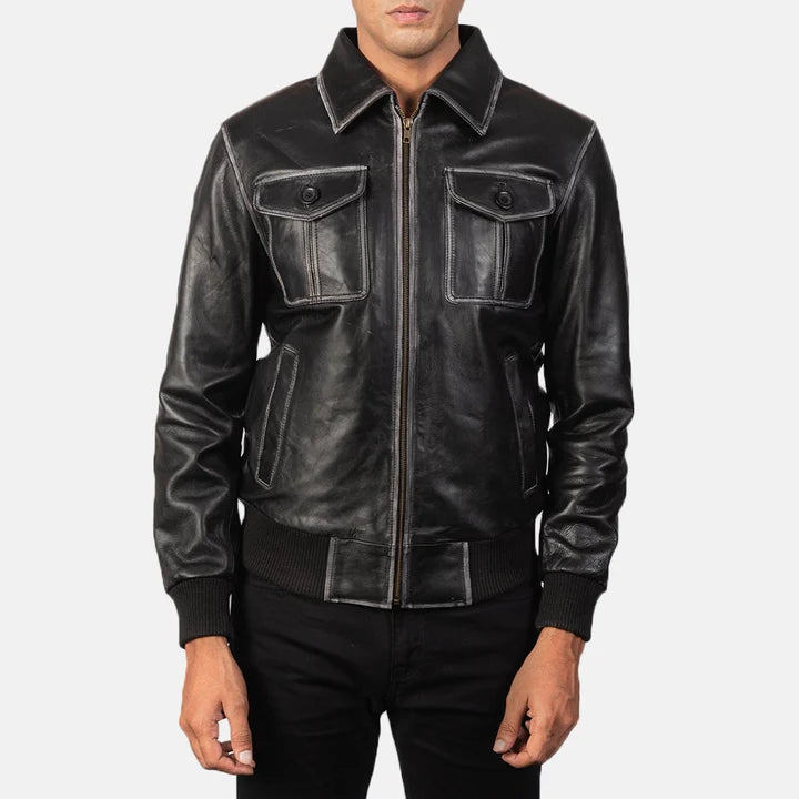 Aaron black leather bomber jacket close-up front detail
