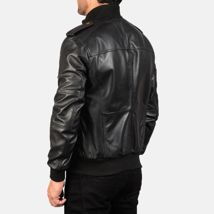 Agent Shadow black leather bomber jacket flat lay back view