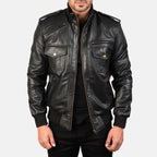 Agent Shadow black leather bomber jacket front view on model