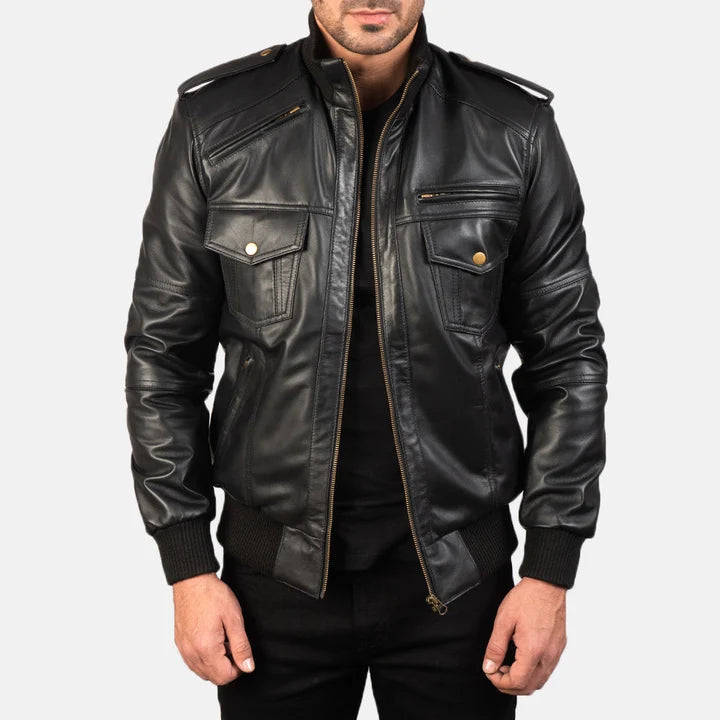 Agent Shadow black leather bomber jacket front view on model