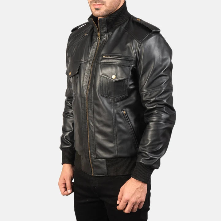 Agent Shadow black leather bomber jacket side view