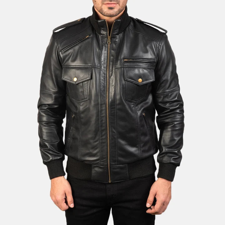 Agent Shadow black leather bomber jacket close-up front detail