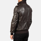 Agent Shadow brown leather bomber jacket flat lay back view