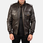Agent Shadow brown leather bomber jacket front view on model