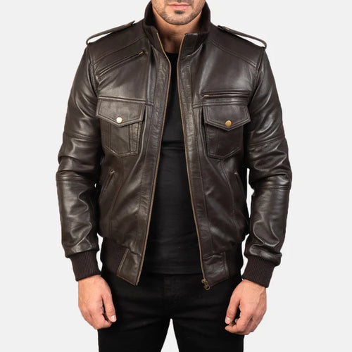 Agent Shadow brown leather bomber jacket front view on model