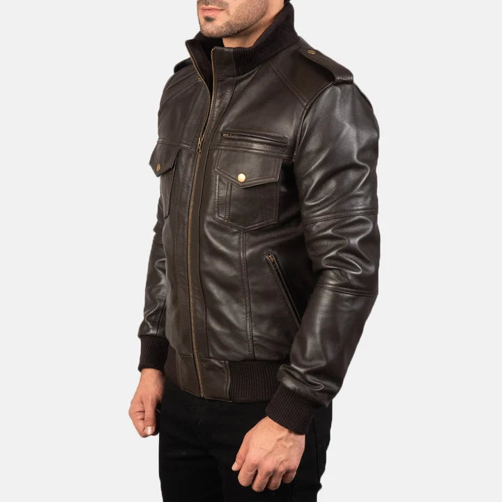 Agent Shadow brown leather bomber jacket side view