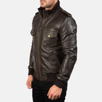 Agent Shadow brown leather bomber jacket side view