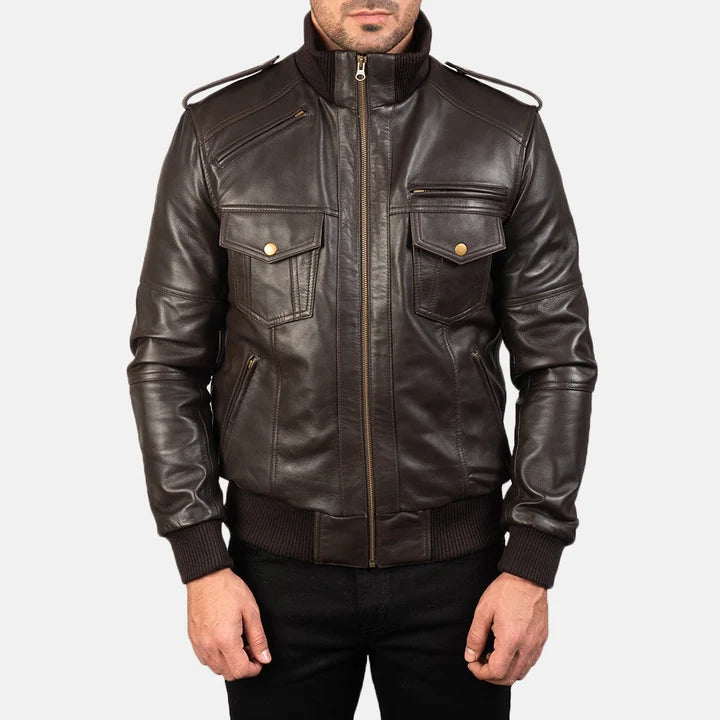 Agent Shadow brown leather bomber jacket close-up front detail