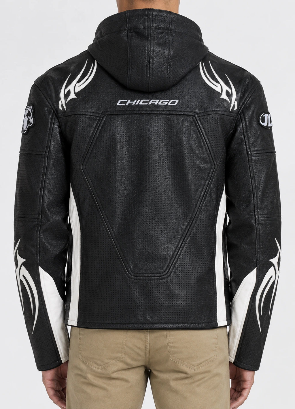 Men’s black genuine leather biker jacket with white tribal flame graphics and contrast panels