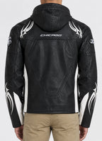 Men’s black genuine leather biker jacket with white tribal flame graphics and contrast panels