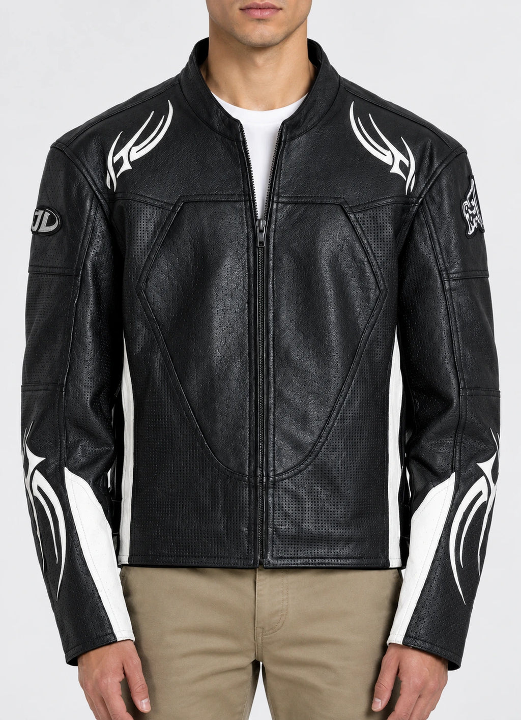 Men’s black genuine leather biker jacket with white tribal flame graphics, stand collar and full front zip