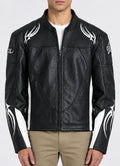Men’s black genuine leather biker jacket with white tribal flame graphics, stand collar and full front zip