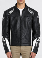 Men’s black genuine leather biker jacket with white tribal flame graphics, stand collar and full front zip