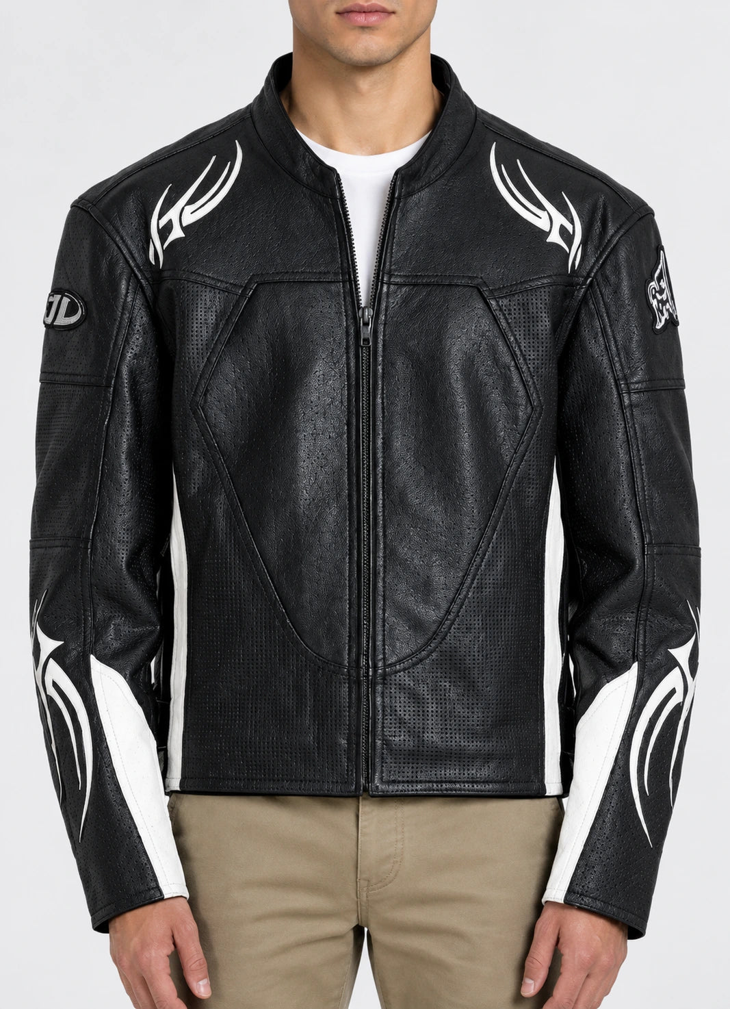 Men’s black genuine leather biker jacket with white tribal flame graphics, stand collar and full front zip