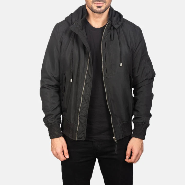 Hanklin black hooded bomber jacket front view on model