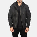 Hanklin black hooded bomber jacket front view on model