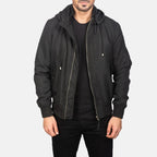 Hanklin black hooded bomber jacket front view on model