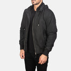 Hanklin Ma-1 black hooded bomber jacket side profile with hood