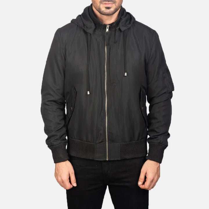 Hanklin Ma-1 black hooded bomber jacket back view with hood