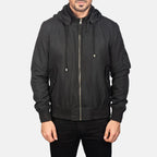 Hanklin Ma-1 black hooded bomber jacket back view with hood