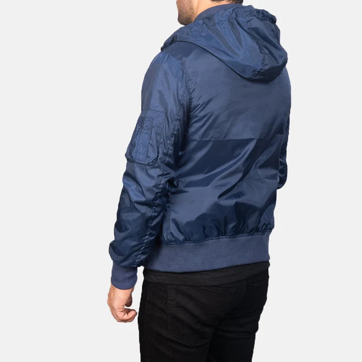 Hanklin Ma-1 blue hooded bomber jacket back view with hood