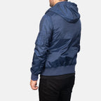 Hanklin Ma-1 blue hooded bomber jacket back view with hood