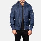 Hanklin Ma-1 blue hooded bomber jacket front view on model