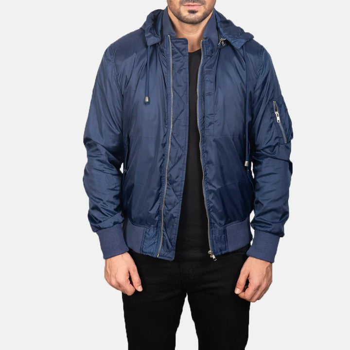 Hanklin Ma-1 blue hooded bomber jacket front view on model